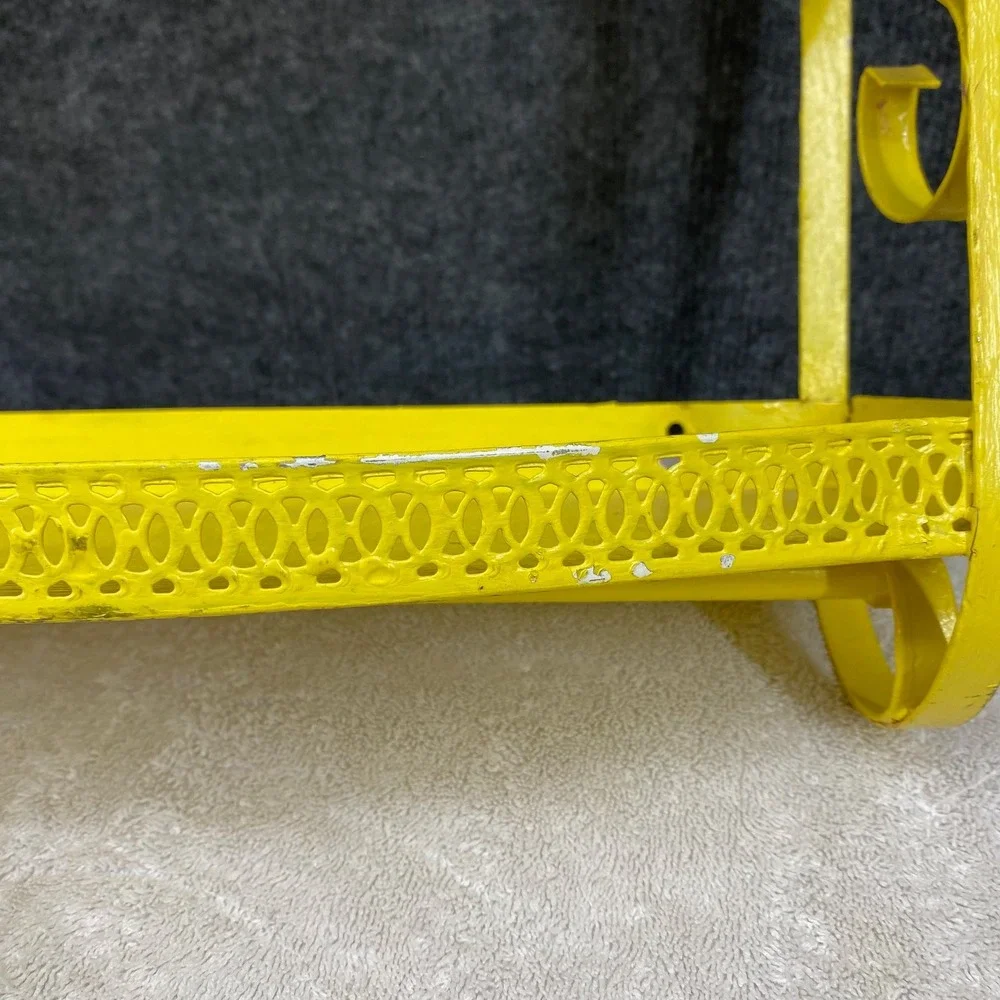 Vintage Yellow Metal 2 Tier Wall Shelf Scrollwork Gallery Rail 14x12x4